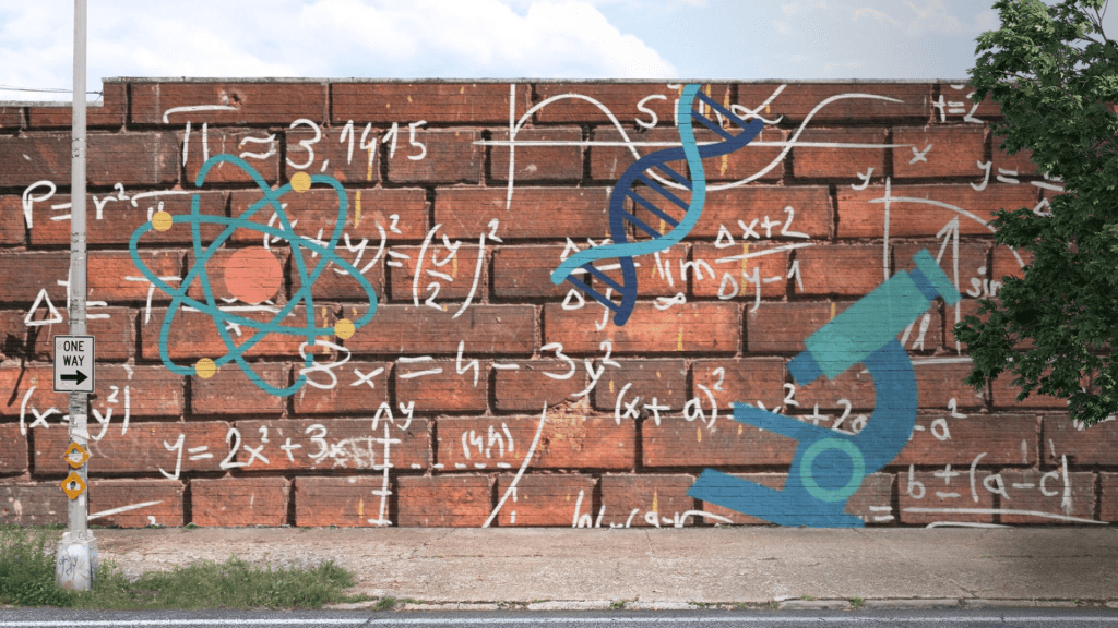 Mockup of brick wall with scientific symbols like formulas, a microscope, an atom, DNA strands
