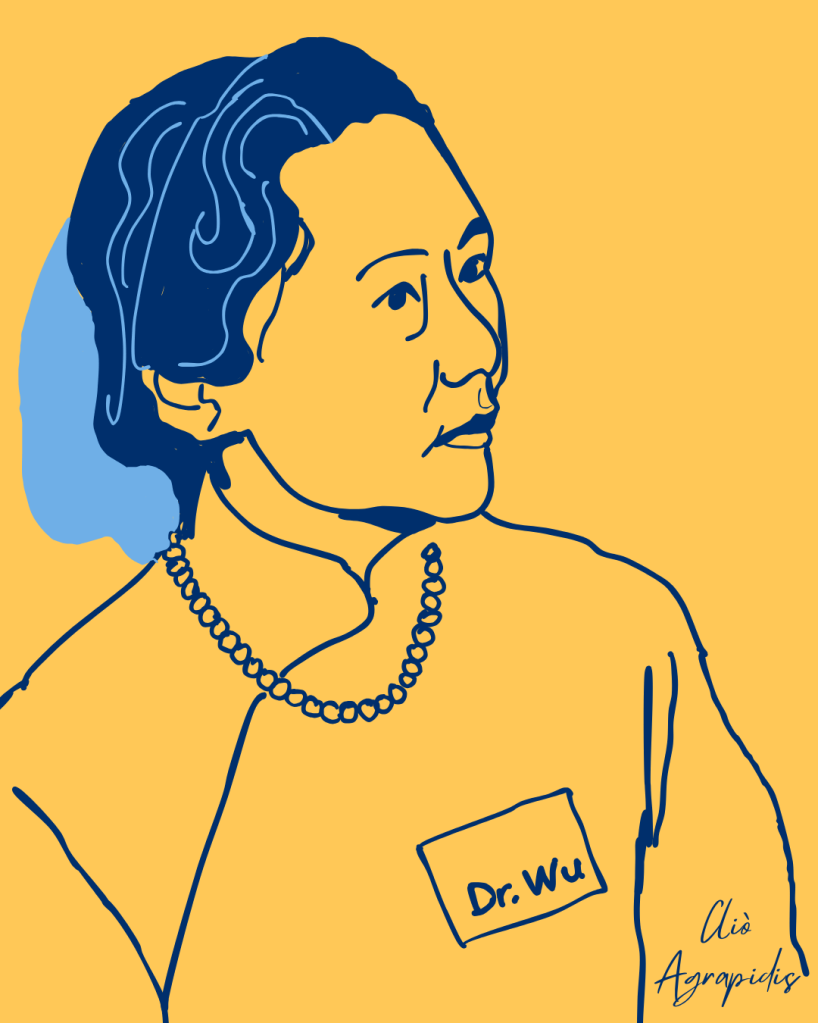 Digital portrait of Chien-Shiung Wu based on a photograph. She is looking slightly to the right, her hairstyle is very elegant, she is wearing a qipao and a string of pearls. She is outlined in deep navy against a yellow background. Art by Cliò Agrapidis