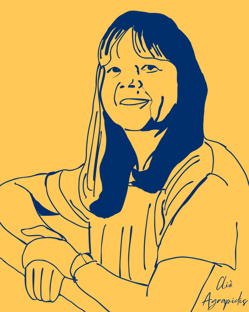 Digital portrait of Deborah Jin based on a photograph, She is outlined in deep navy against a yellow background. Art by Cliò Agrapidis.