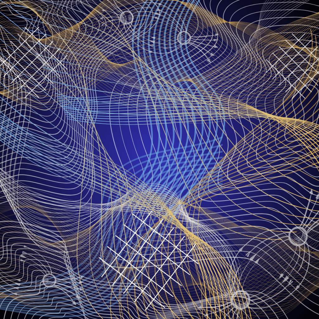 An abstract representation of the complex physics happening in cuprates. A dark blue-black background, overlayed with swirling lines of different bright colours and opacity. In this chaos, some square pattern grid appear. Magnetic field lines are hinted transparently at the edges of the image.