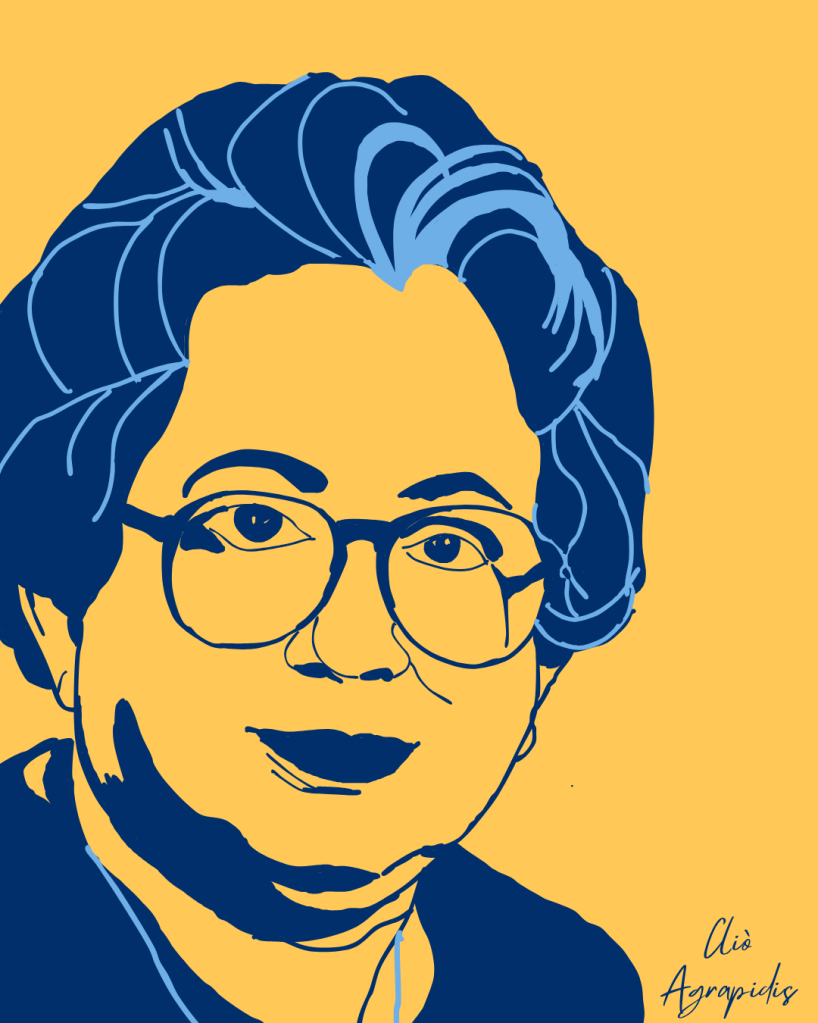 Digital hand-drawn portrait of Fay Ajzenberg-Selove based on a photograph. She is outlined in deep navy against a yellow background. Art by Cliò Agrapidis