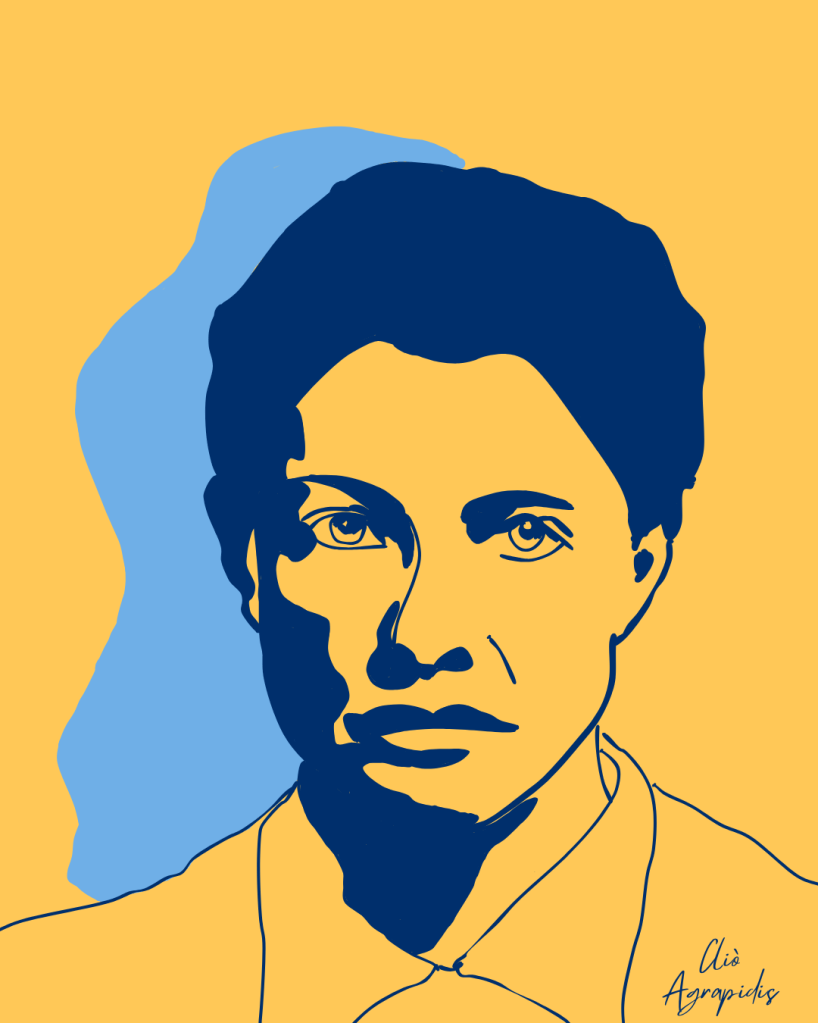 Hand-drawn digital portrait of Hertha Sponer, outlined in deep navy against a mustard yellow background. Based on a photograph. Art by Cliò Agrapidis.