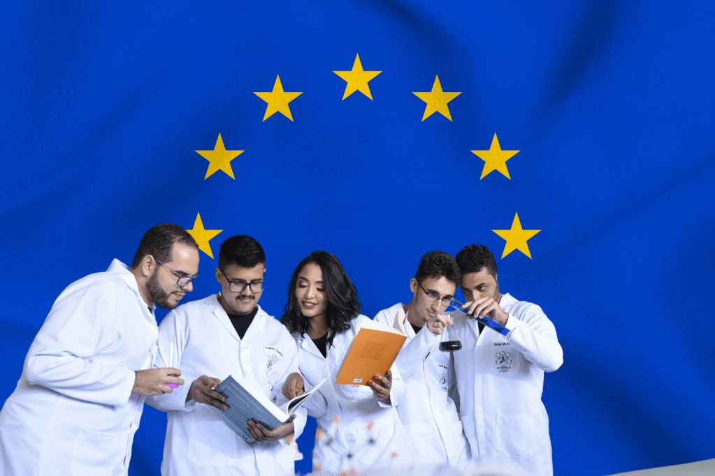 A diverse group of scientists interacting with each other against a EU flag background