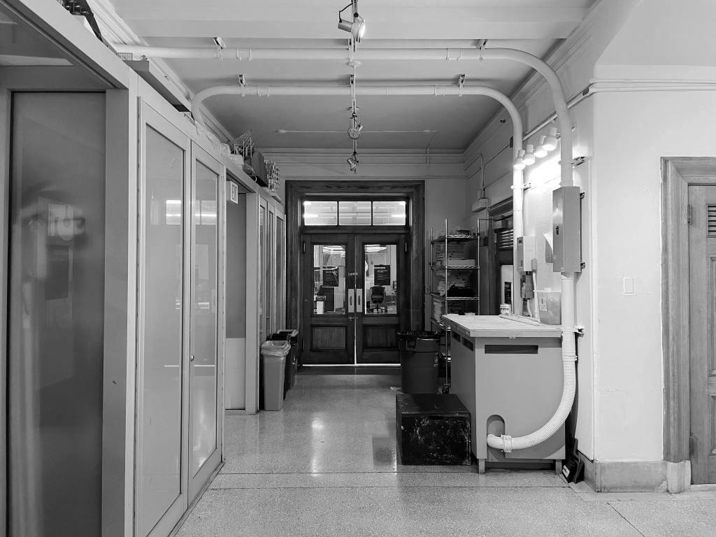 An empty chemistry lab in black and white